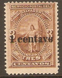 El Salvador 1889 1c on 3c Brown. SG21.