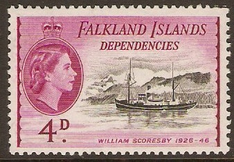 Falkland Islands Depend. 1954 4d Blk and brt red purple. SGG32.