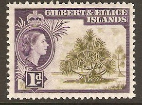 Gilbert and Ellice 1956 1d Brown-olive and deep violet. SG65.