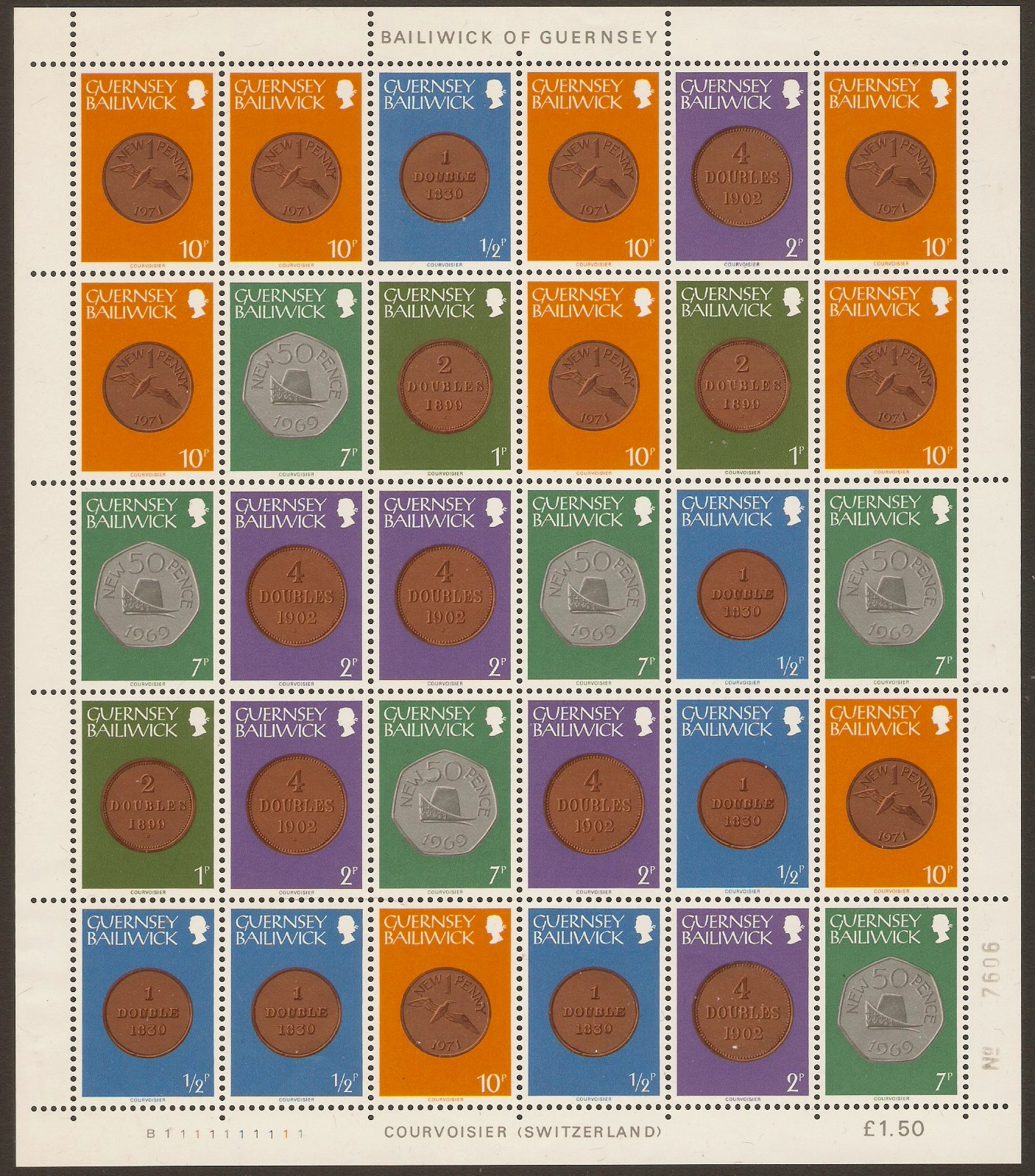 Guernsey 1979 Coins Series Stamps Sheet. SG177-SG187.