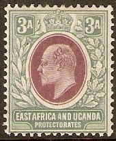 East Africa and Uganda 1904 3a Brn-purple and green. SG22.