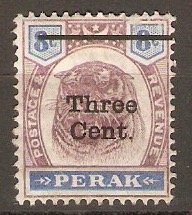 Perak 1900 3c on 8c Dull purple and ultramarine. SG84.