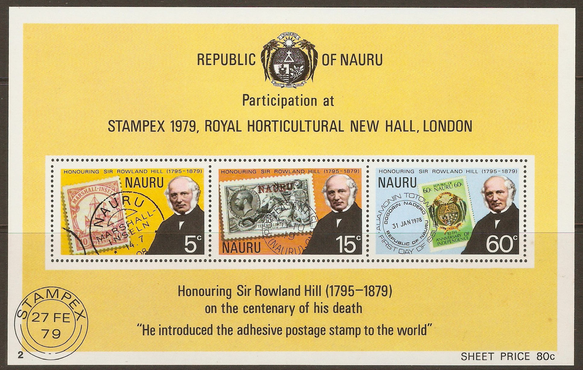 Nauru 1979 Rowland Hill Commemoration sheet. SG207.