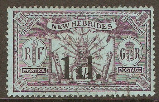 New Hebrides 1920 1d on 2s Purple on blue. SG32.