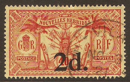 New Hebrides 1920 2d on 40c Red on yellow. SG34.