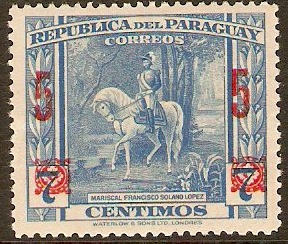 Paraguay 1945 5c on 7c Light blue. SG608.