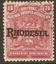 Rhodesia 1909 3d Claret. SG104.