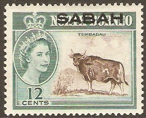 Sabah 1964 12c Brown and grey-green. SG413.
