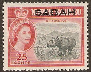Sabah 1964 25c Grey-black and scarlet. SG415.