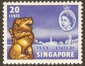 Singapore 1959 20c Yellow, sepia and bright blue. SG55.