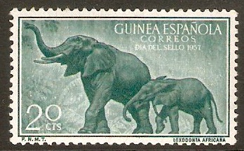 Spanish Guinea 1957 20c Deep bluish green - Elephants. SG424.