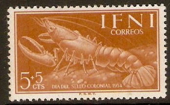 Ifni 1954 5c +5c Orange-brown - Shark & Lobster series. SG116.