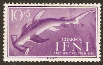 Ifni 1954 10c +5c Reddish violet - Shark & Lobster series. SG117