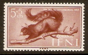 Ifni 1955 5c +5c Red-brown - Squirrel series. SG123.