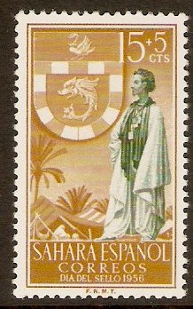 Spanish Sahara 1956 15c +5c Green and ochre - Stamp Day. SG128. - Click Image to Close