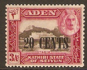 Kathiri State 1951 20c on 3a Sepia and carmine. SG23.