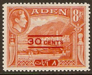 Aden 1951 30c on 8a Red-orange. SG40.