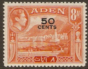 Aden 1951 50c on 8a Red-orange. SG41.