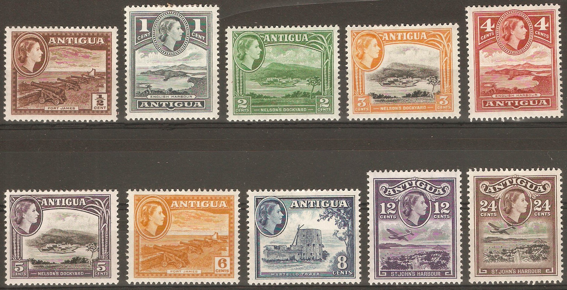 Antigua 1963 QEII Definitives set - watermark w12. SG149-SG158.