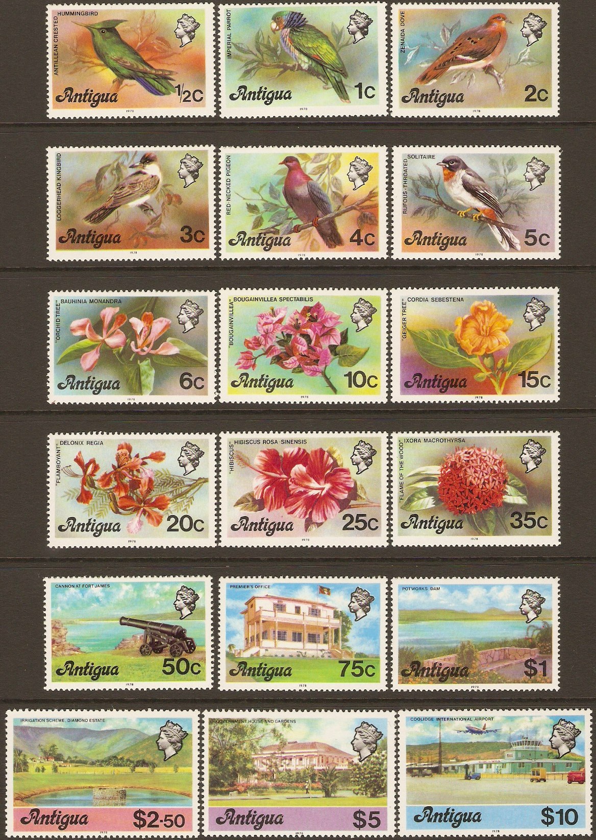 Antigua 1976 Birds, Flowers and Views Set. SG469A-SG486A.