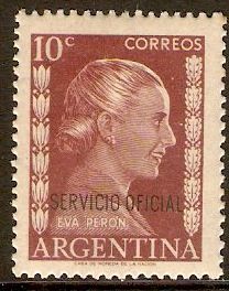 Argentina 1953 10c Claret. SGO855. Official Stamp.