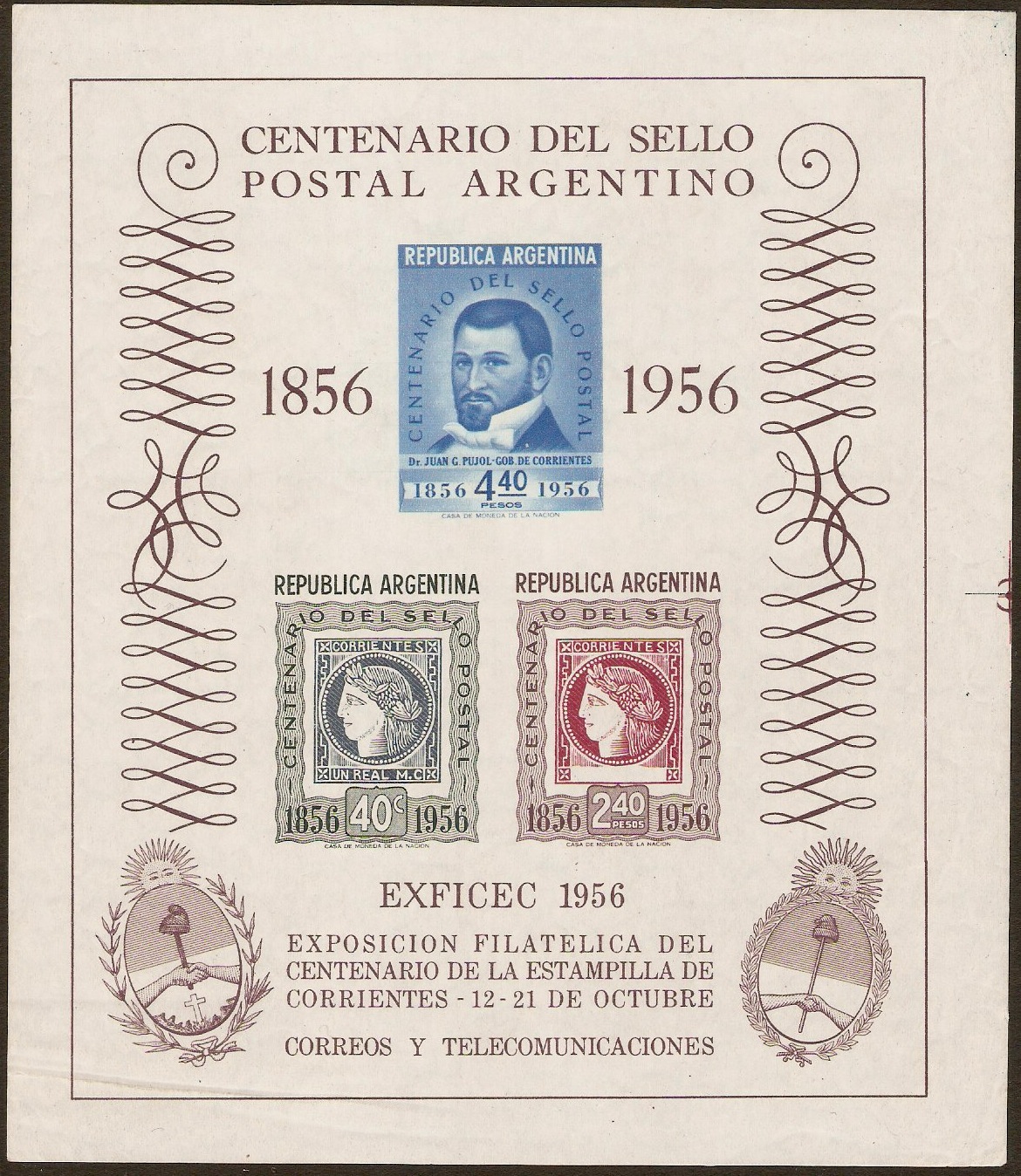 Argentina 1956 Stamp Centenary Sheet. SGMS893a.