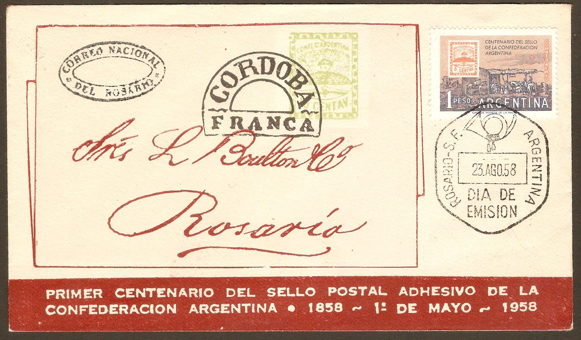 Argentina 1958 1p Confederation Stamps Centenary FDC.