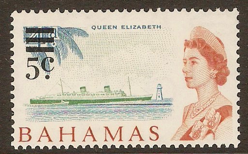 Bahamas 1966 5c on 4d Green, blue and orange-brown. SG277.
