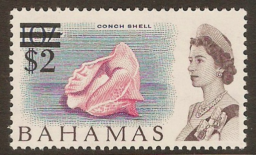 Bahamas 1966 $2 on 10s Rose, blue and chocolate. SG286.