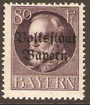 Bavaria 1919 80pf Violet Optd. Volksstaat Bayern. SG208A.