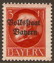 Bavaria 1919 3m Scarlet Optd. Volksstaat Bayern. SG211A.