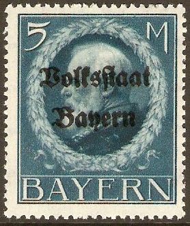 Bavaria 1919 5m Prussian blue Optd. Volksstaat Bayern. SG212A.