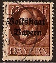Bavaria 1919 75pf Brown Optd. Volksstaat Bayern. SG207A.