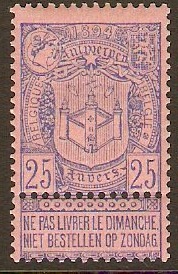 Belgium 1894 25c blue on pale rose. SG95a.