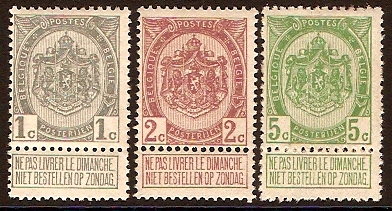 Belgium 1907 definitives set. SG106-SG108.