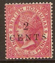 British Honduras 1888 2c on 1d Rose. SG27.