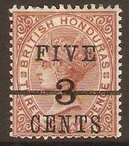 British Honduras 1891 5c on 3c on 3d Red-brown. SG49.