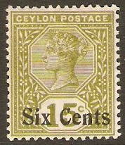 Ceylon 1898 6c on 15c Sage-green. SG250.