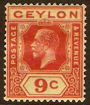 Ceylon 1921 9c Red on pale yellow. SG345.