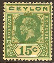 Ceylon 1921 15c Green on pale yellow. SG349a.