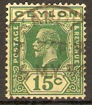 Ceylon 1921 15c Green on pale yellow. SG349a.