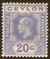 Ceylon 1921 20c Bright blue. SG350.