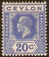 Ceylon 1921 20c Bright blue. SG350b.
