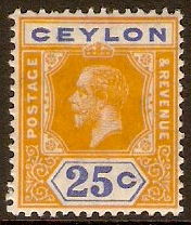 Ceylon 1921 25c Orange-yellow and blue. SG351.