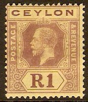 Ceylon 1921 1r Purple on pale yellow. SG354.