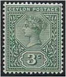 Ceylon 1899 3c. Deep Green. SG257.