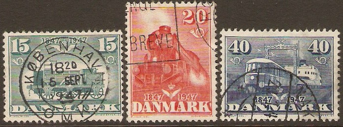 Denmark 1947 Railway Centenary Stamps Set. SG353-SG355.
