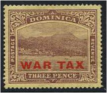 Dominica 1918 3d. Purple on Yellow Paper. SG58.