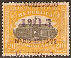 Dominican Republic 1915 c on 20c Black and yellow. SG203.
