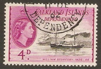 Falkland Islands Depend. 1954 4d Black and bright reddish purple